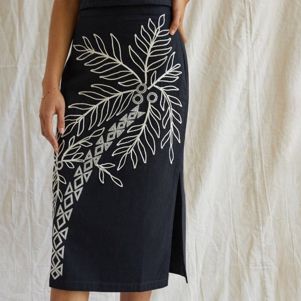 Anthropologie Black Midi Skirt with White Embroidered Leaf Design